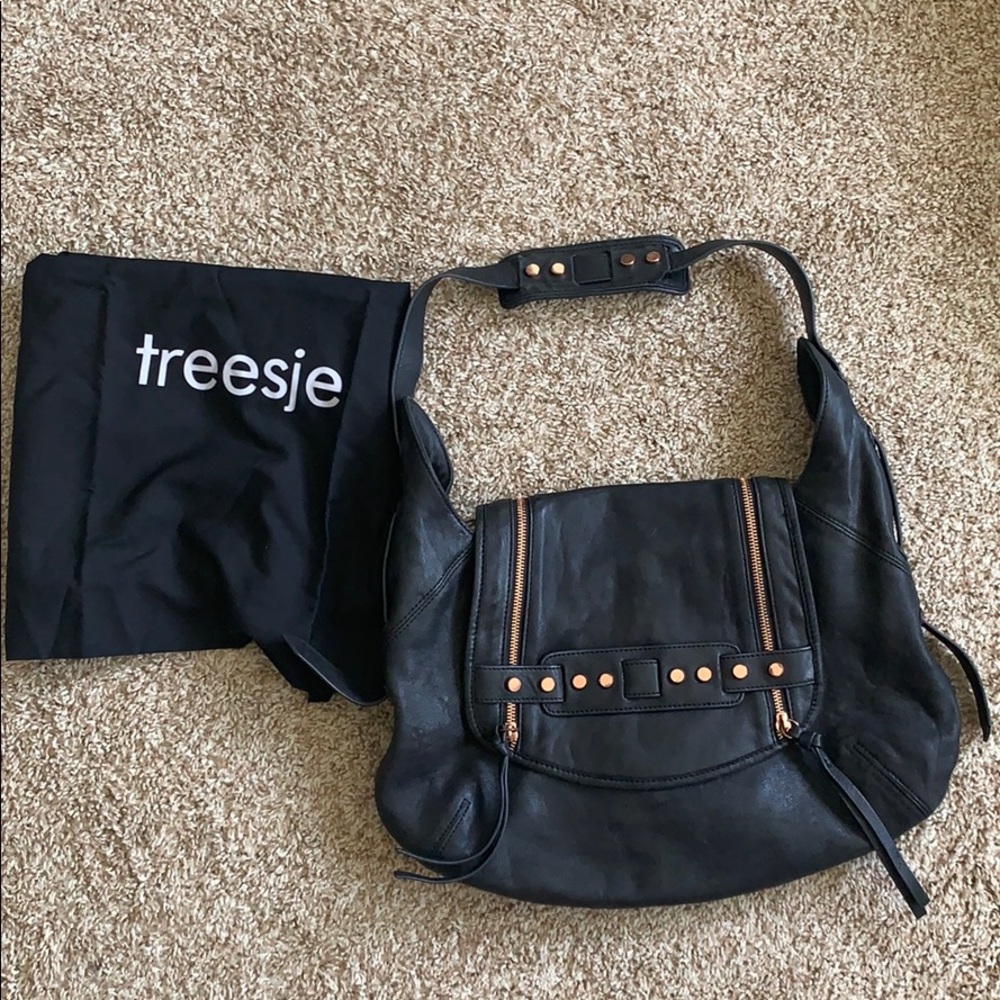 treesje black leather rose gold purse